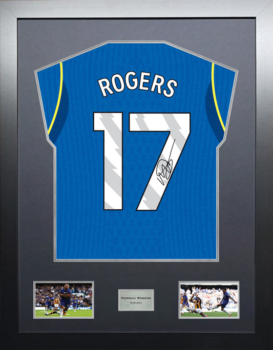 Morgan Rogers Highline framed football shirt display with machine-applied signature and black/silver mount