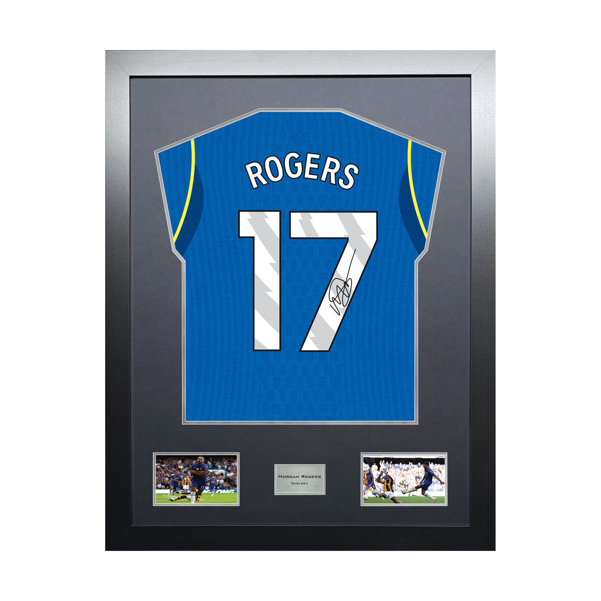 Morgan Rogers Highline framed football shirt display with machine-applied signature and black/silver mount on white background