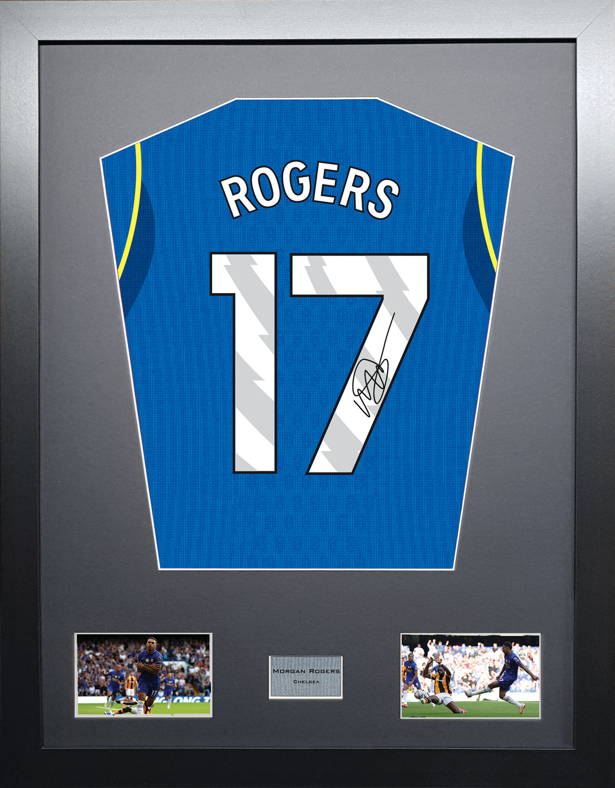 Morgan Rogers Standard framed football shirt display with machine-applied signature