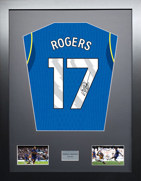 Morgan Rogers Standard framed football shirt display with machine-applied signature