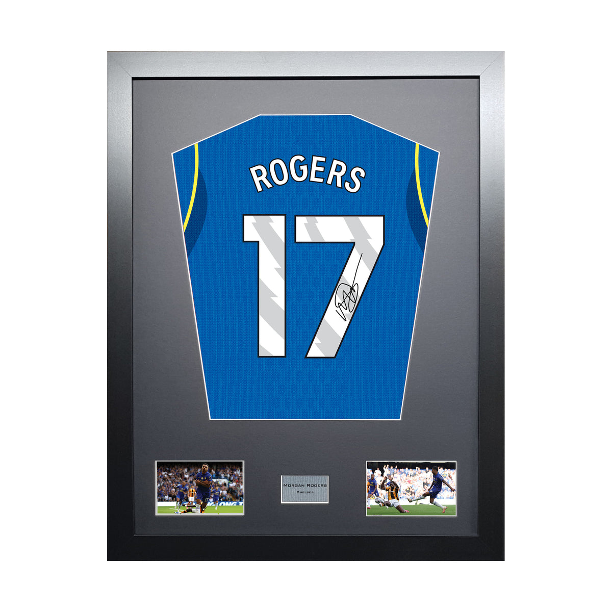 Morgan Rogers Standard framed football shirt display with machine-applied signature on white background