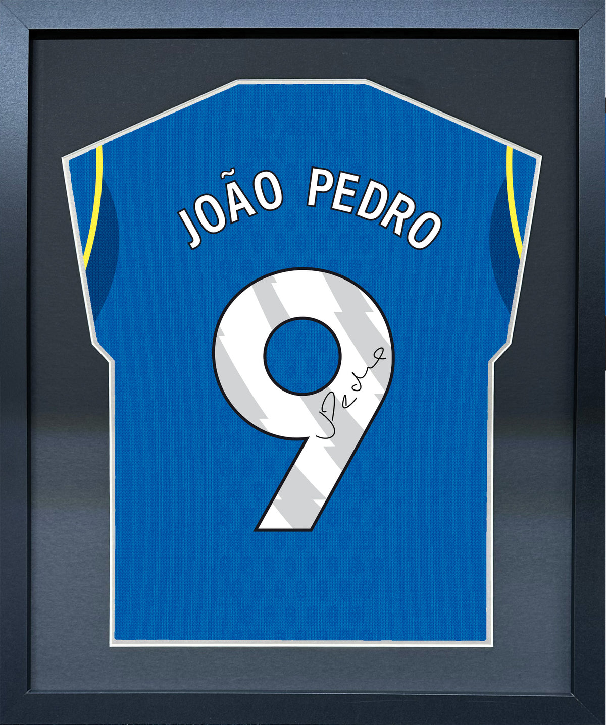 Joao Pedro compact Gift 450 framed football display with black/silver mount and machine-applied pen signature
