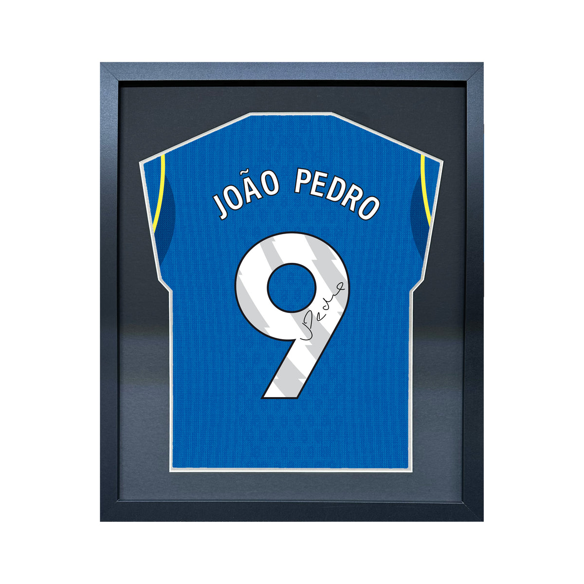 Joao Pedro compact Gift 450 framed football display with black/silver mount and machine-applied pen signature on white background