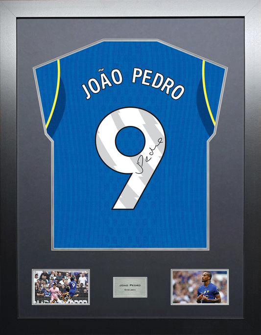 Joao Pedro Highline framed football shirt display with machine-applied signature and black/silver mount