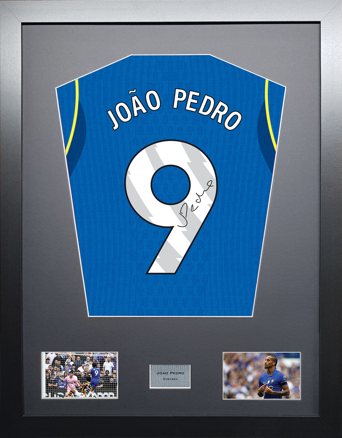 Joao Pedro Standard framed football shirt display with machine-applied signature