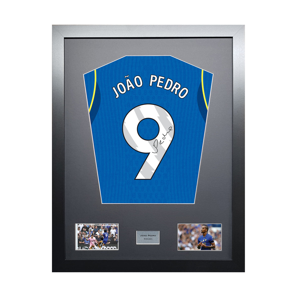 Joao Pedro Standard framed football shirt display with machine-applied signature on white background