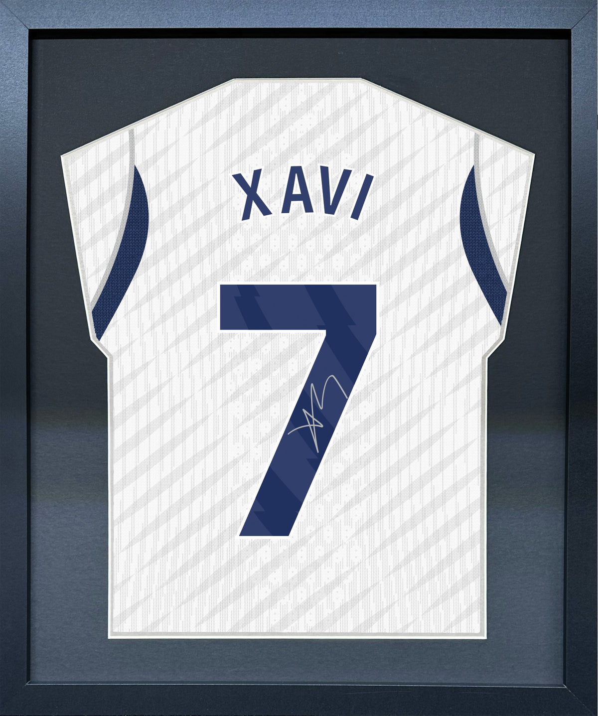Xavi Simons compact Gift 450 framed football display with black/silver mount and machine-applied pen signature