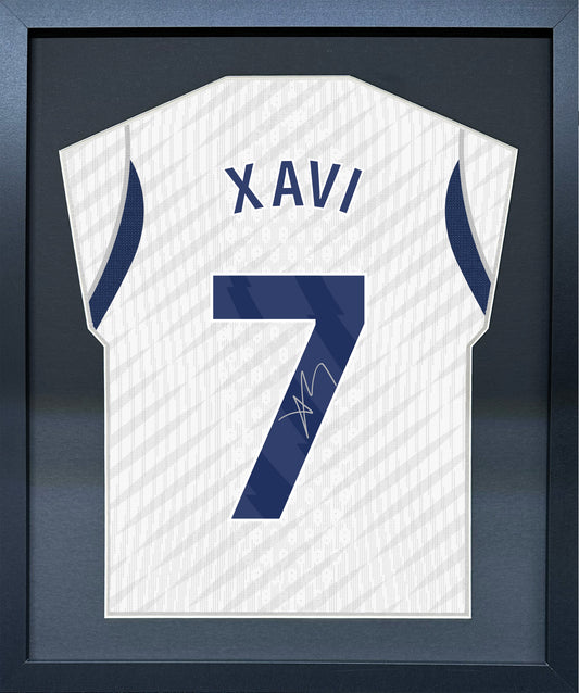 Xavi Simons compact Gift 450 framed football display with black/silver mount and machine-applied pen signature