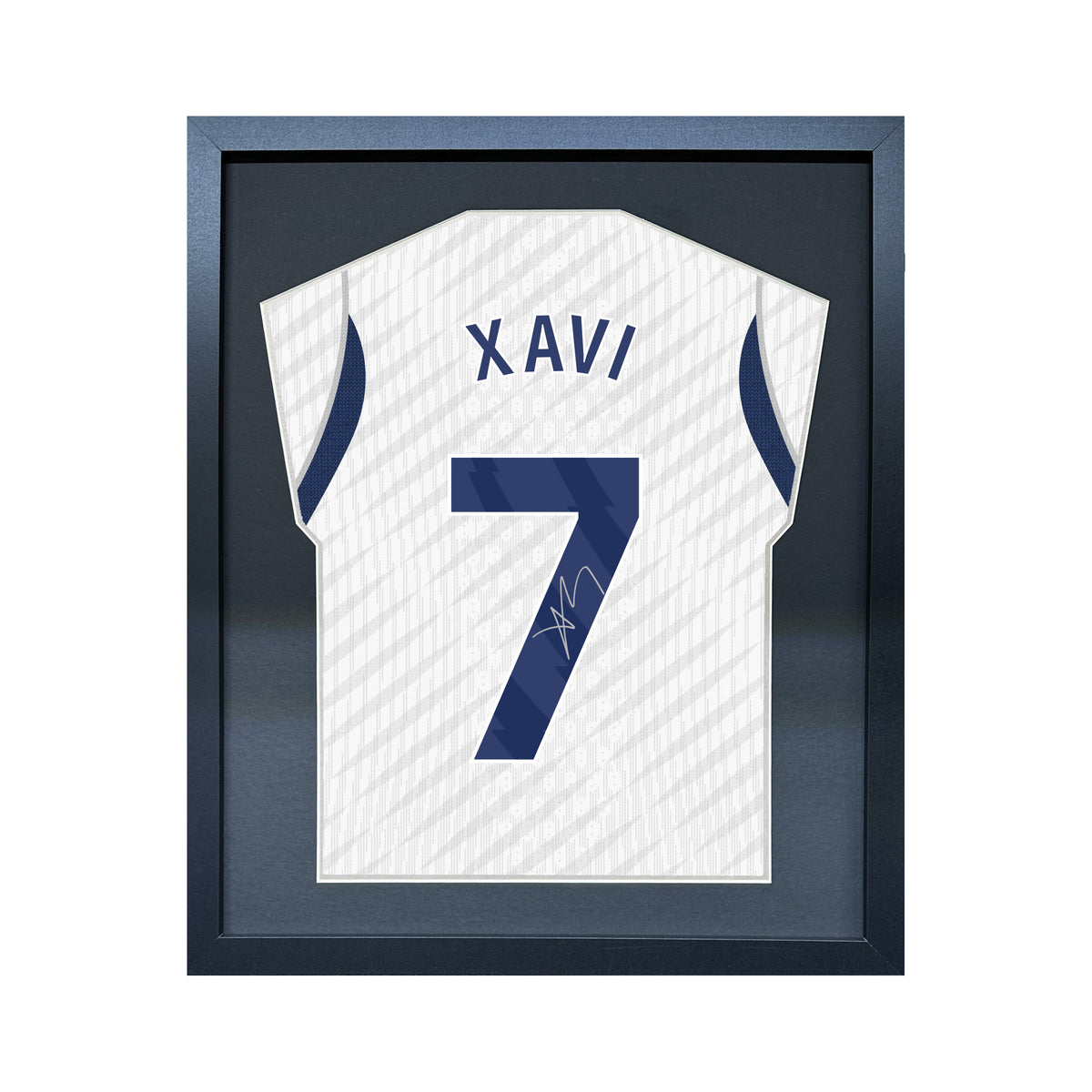 Xavi Simons compact Gift 450 framed football display with black/silver mount and machine-applied pen signature on white background