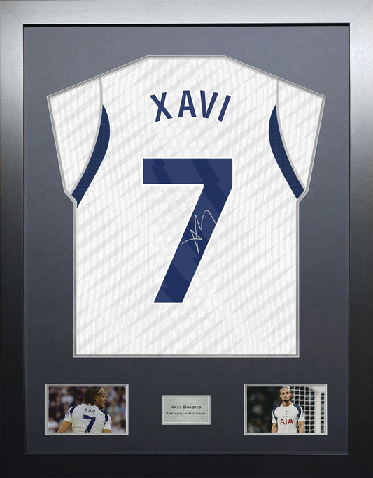 Xavi Simons Highline framed football shirt display with machine-applied signature and black/silver mount