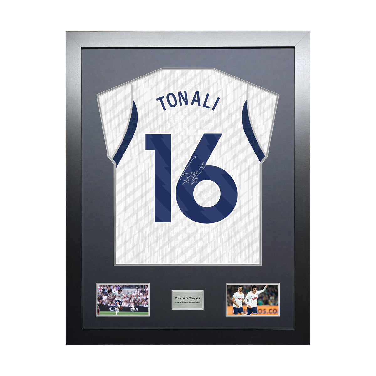 Sandro Tonali Highline framed football shirt display with machine-applied signature and black/silver mount on white background
