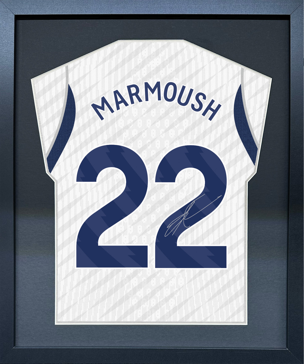 Omar Marmoush compact Gift 450 framed football display with black/silver mount and machine-applied pen signature