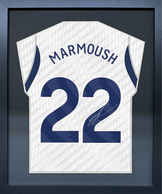 Omar Marmoush compact Gift 450 framed football display with black/silver mount and machine-applied pen signature