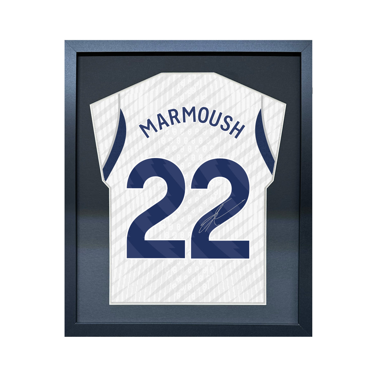 Omar Marmoush compact Gift 450 framed football display with black/silver mount and machine-applied pen signature on white background