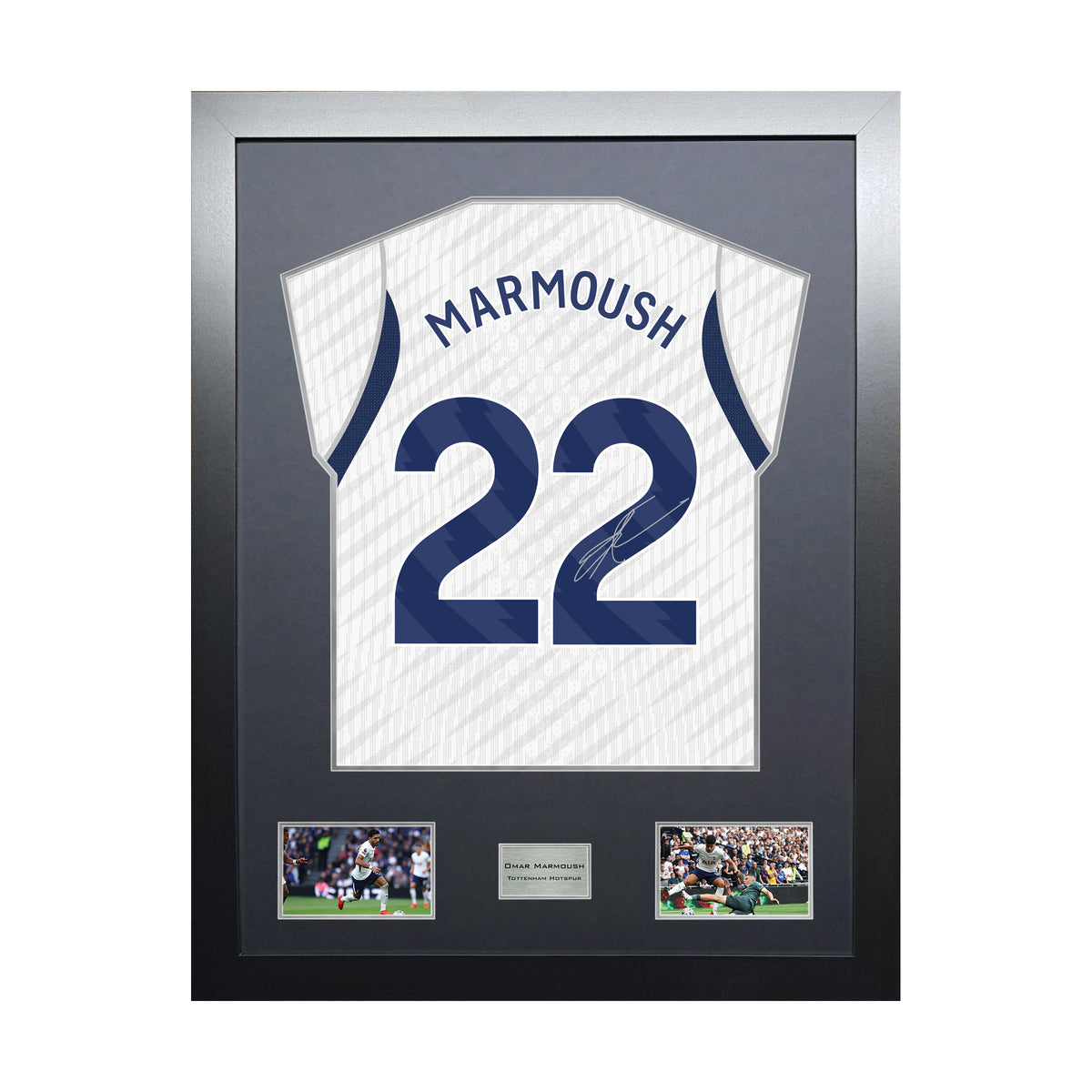Omar Marmoush Highline framed football shirt display with machine-applied signature and black/silver mount on white background