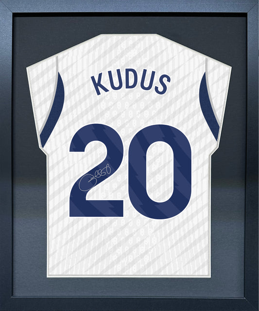 Mohammed Kudus compact Gift 450 framed football display with black/silver mount and machine-applied pen signature