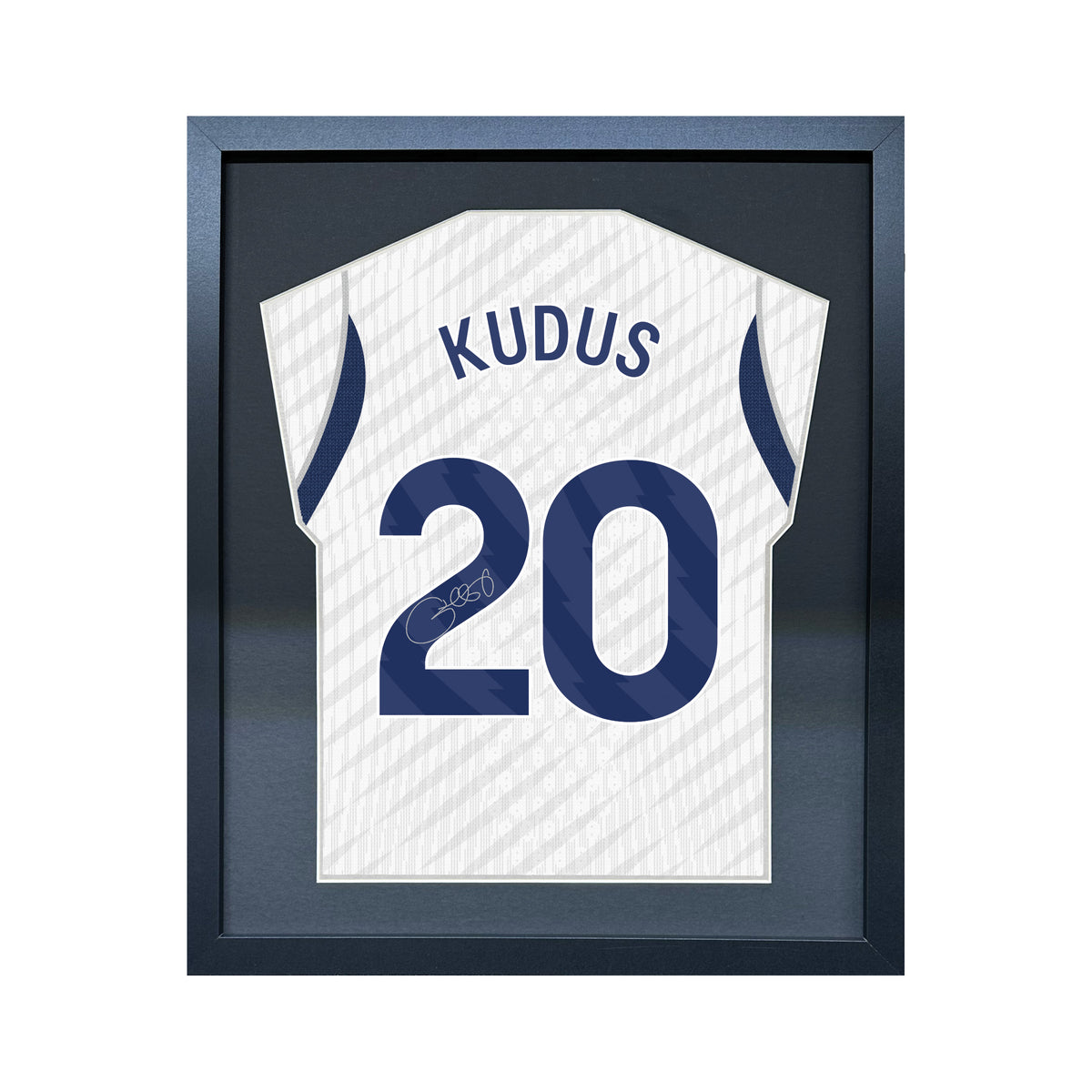 Mohammed Kudus compact Gift 450 framed football display with black/silver mount and machine-applied pen signature on white background
