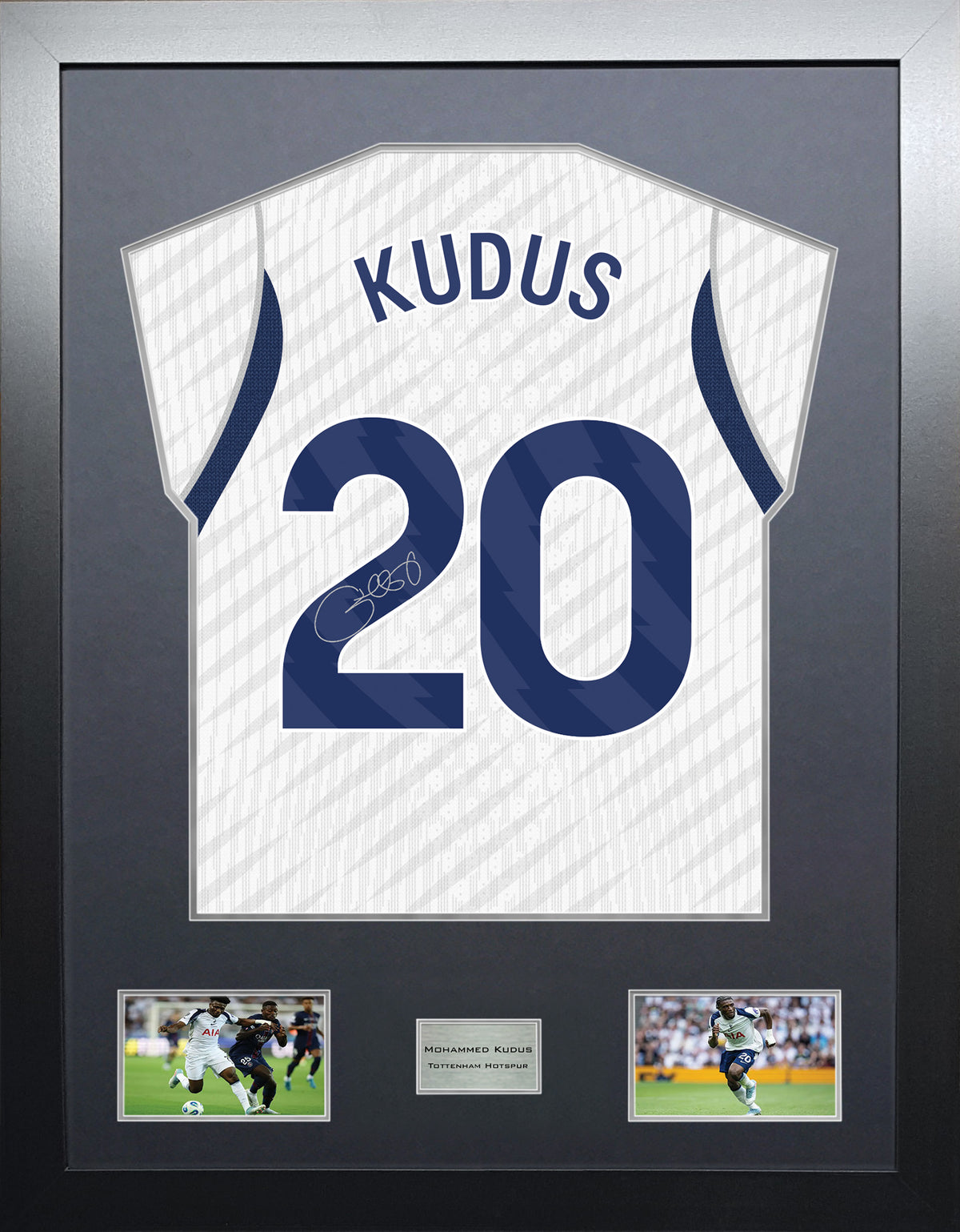 Mohammed Kudus Highline framed football shirt display with machine-applied signature and black/silver mount