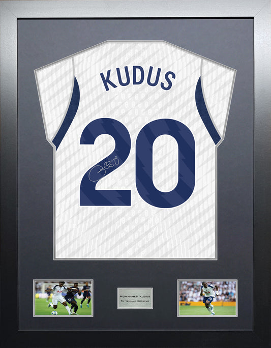 Mohammed Kudus Highline framed football shirt display with machine-applied signature and black/silver mount