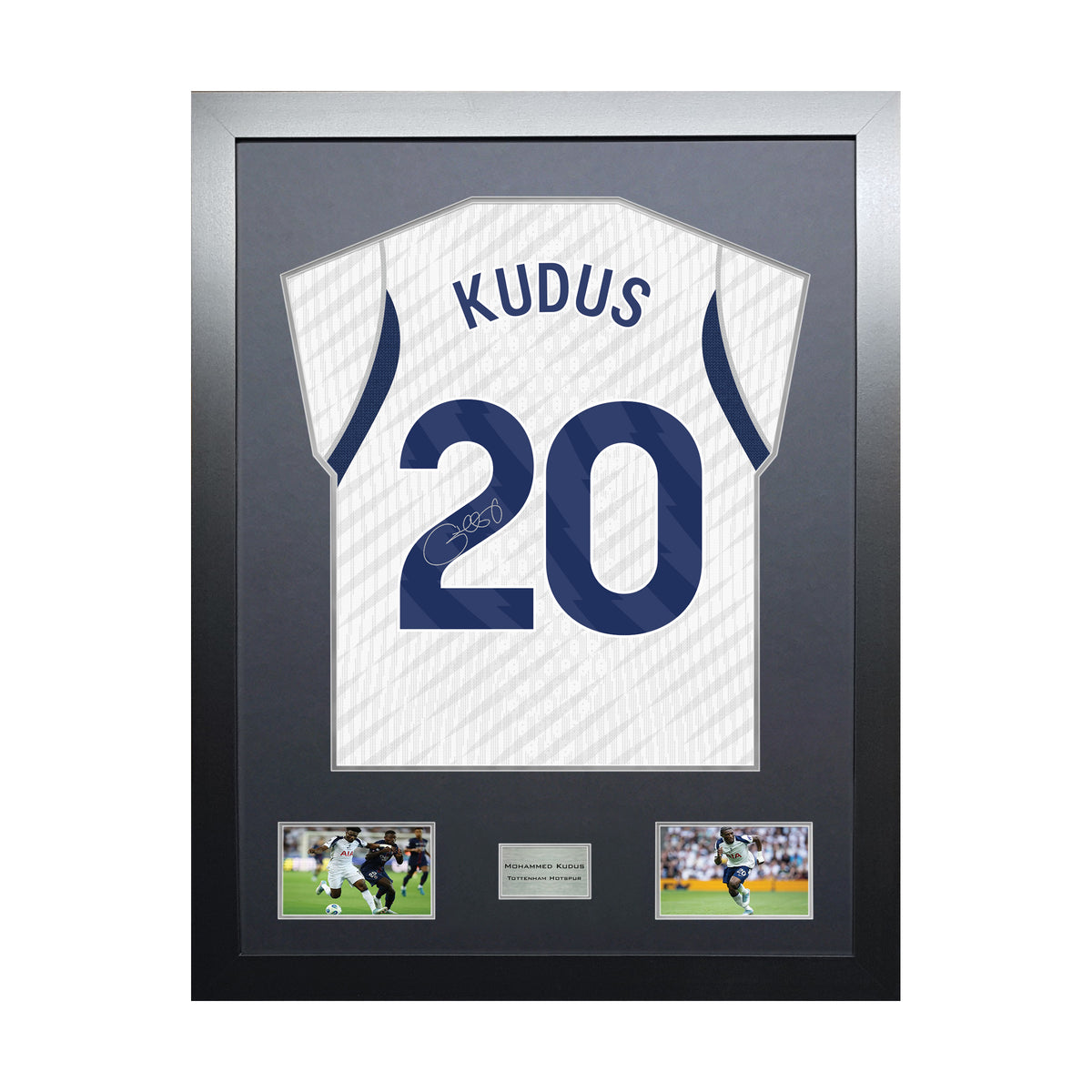Mohammed Kudus Highline framed football shirt display with machine-applied signature and black/silver mount on white background