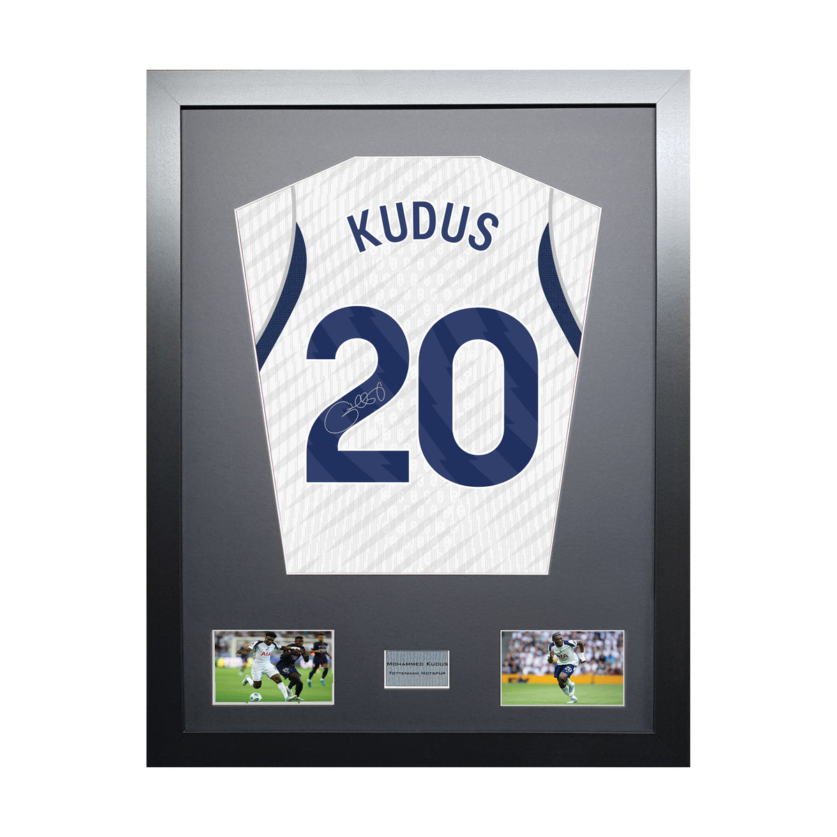 Mohammed Kudus Standard framed football shirt display with machine-applied signature on white background