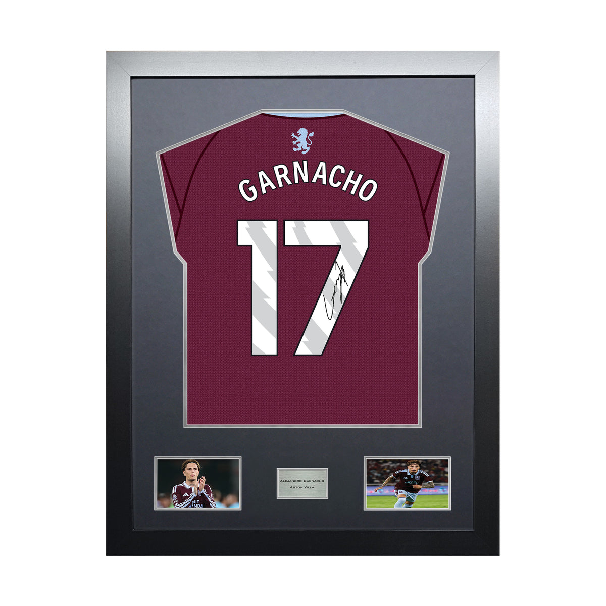 Alejandro Garnacho Highline framed football shirt display with machine-applied signature and black/silver mount on white background