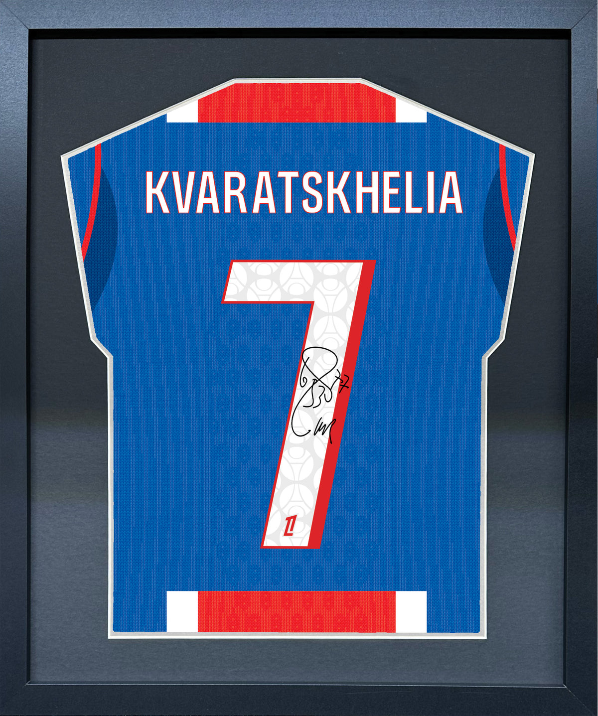 Khvicha Kvaratskhelia compact Gift 450 framed football display with black/silver mount and machine-applied pen signature