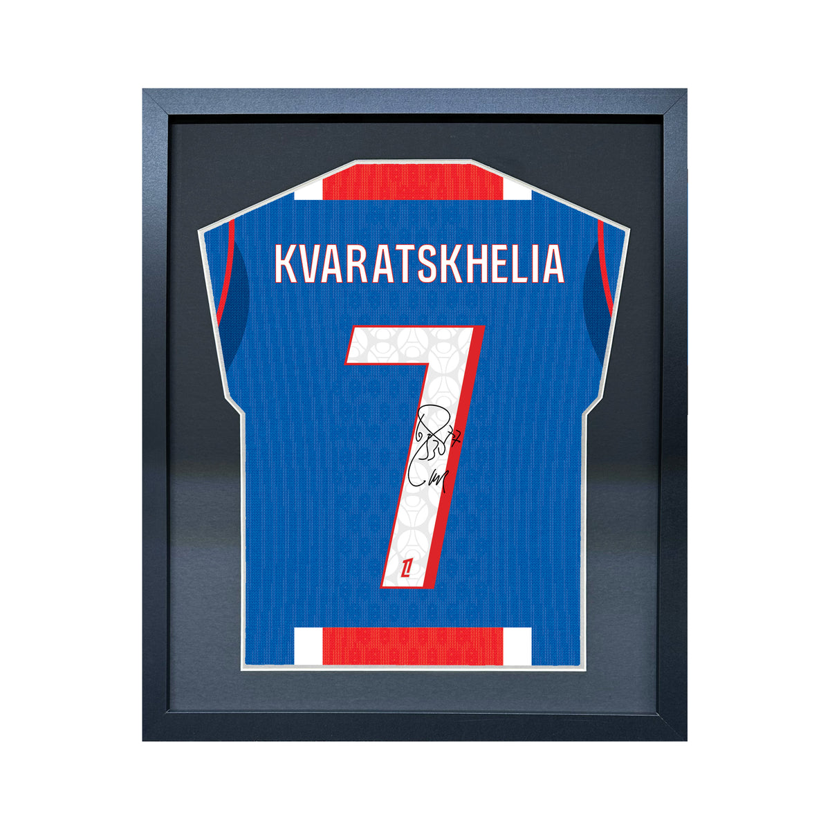 Khvicha Kvaratskhelia compact Gift 450 framed football display with black/silver mount and machine-applied pen signature on white background