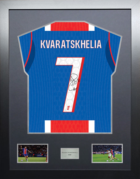 Khvicha Kvaratskhelia Highline framed football shirt display with machine-applied signature and black/silver mount