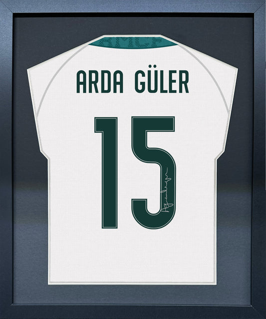 Arda Guler compact Gift 450 framed football display with black/silver mount and machine-applied pen signature