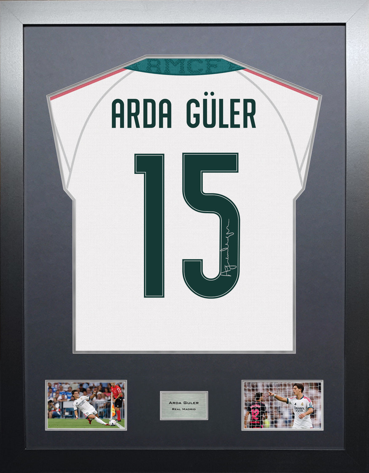 Arda Guler Highline framed football shirt display with machine-applied signature and black/silver mount