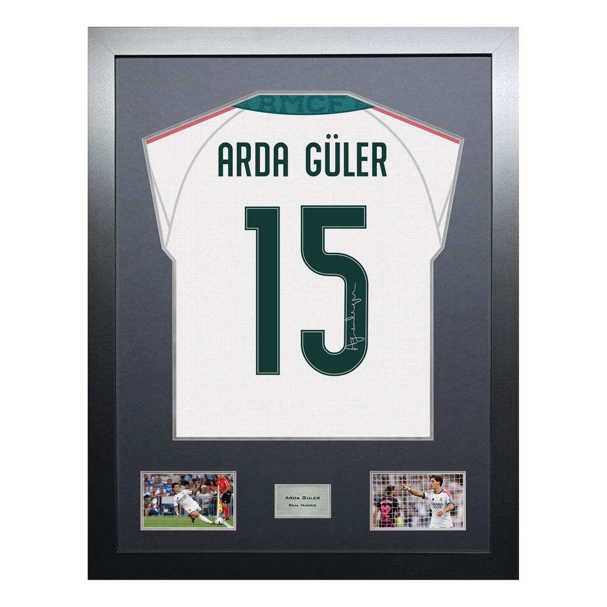 Arda Guler Highline framed football shirt display with machine-applied signature and black/silver mount on white background