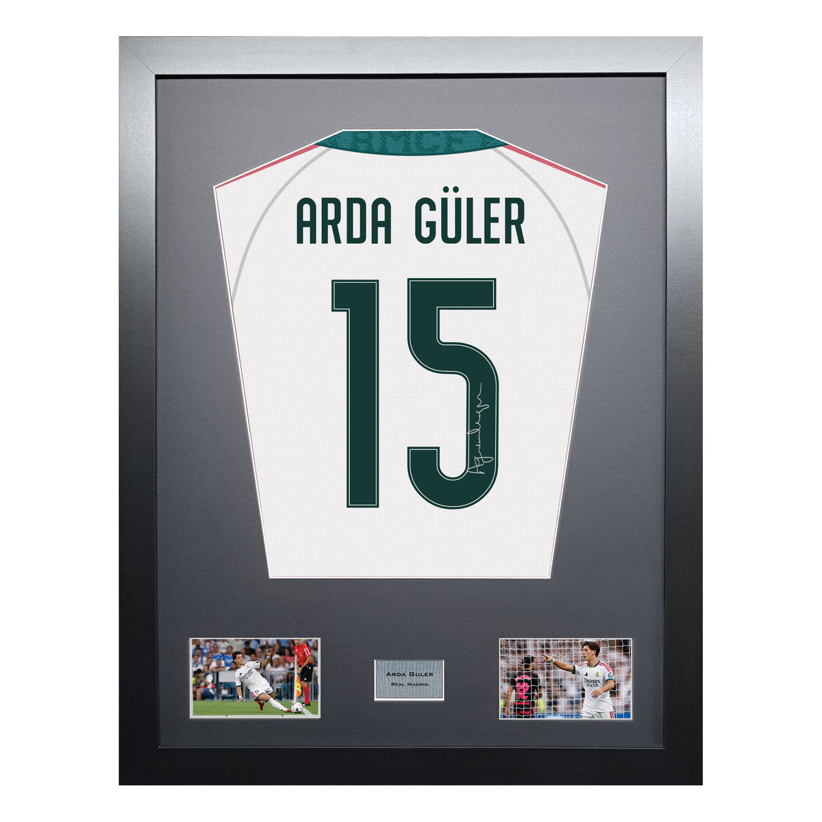 Arda Guler Standard framed football shirt display with machine-applied signature on white background