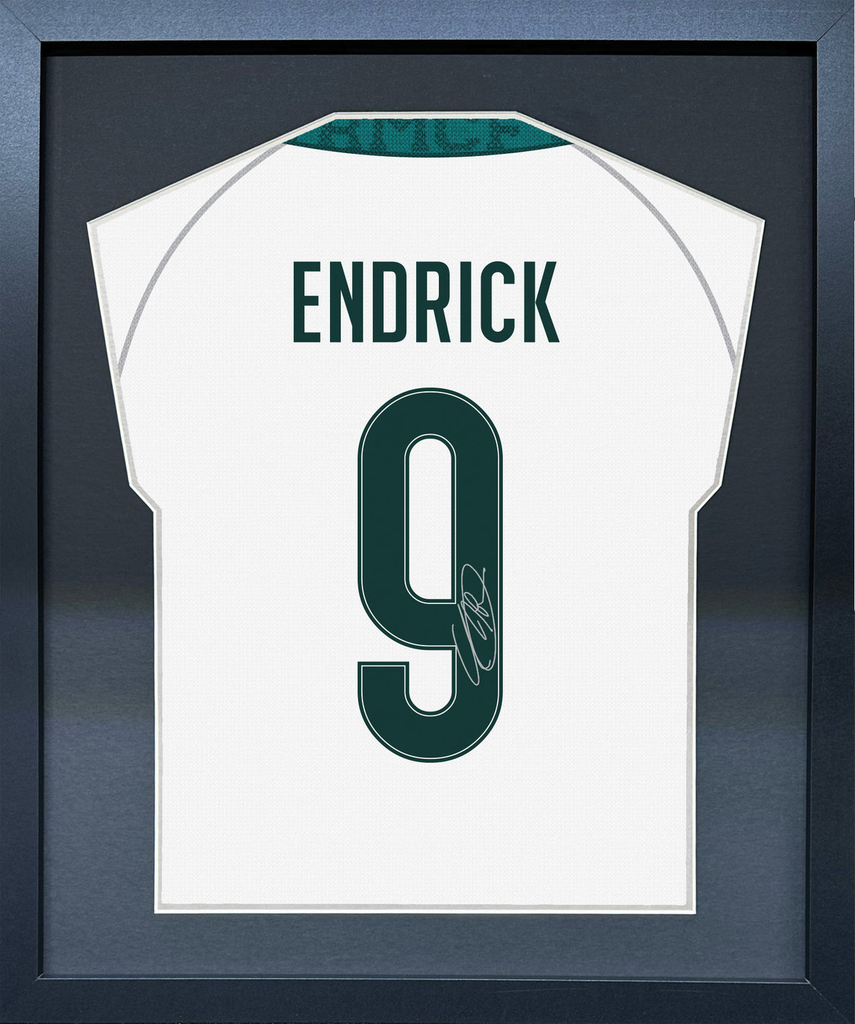 Endrick compact Gift 450 framed football display with black/silver mount and machine-applied pen signature