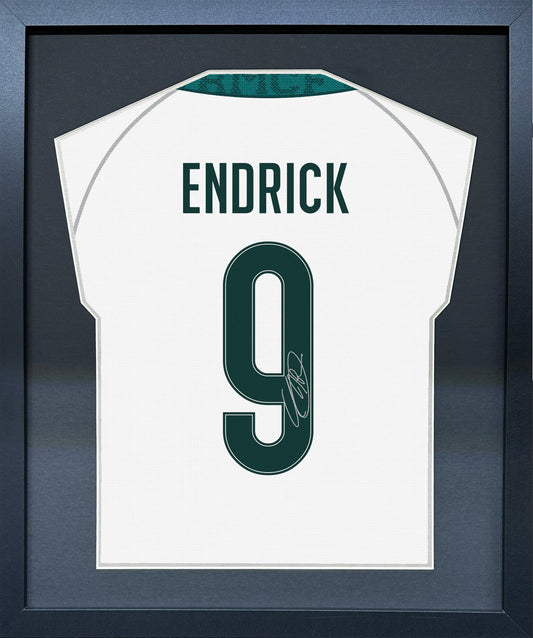 Endrick compact Gift 450 framed football display with black/silver mount and machine-applied pen signature