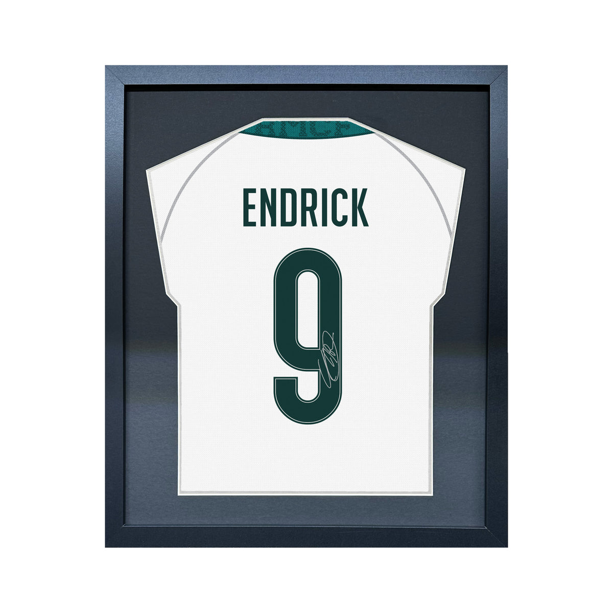 Endrick compact Gift 450 framed football display with black/silver mount and machine-applied pen signature on white background