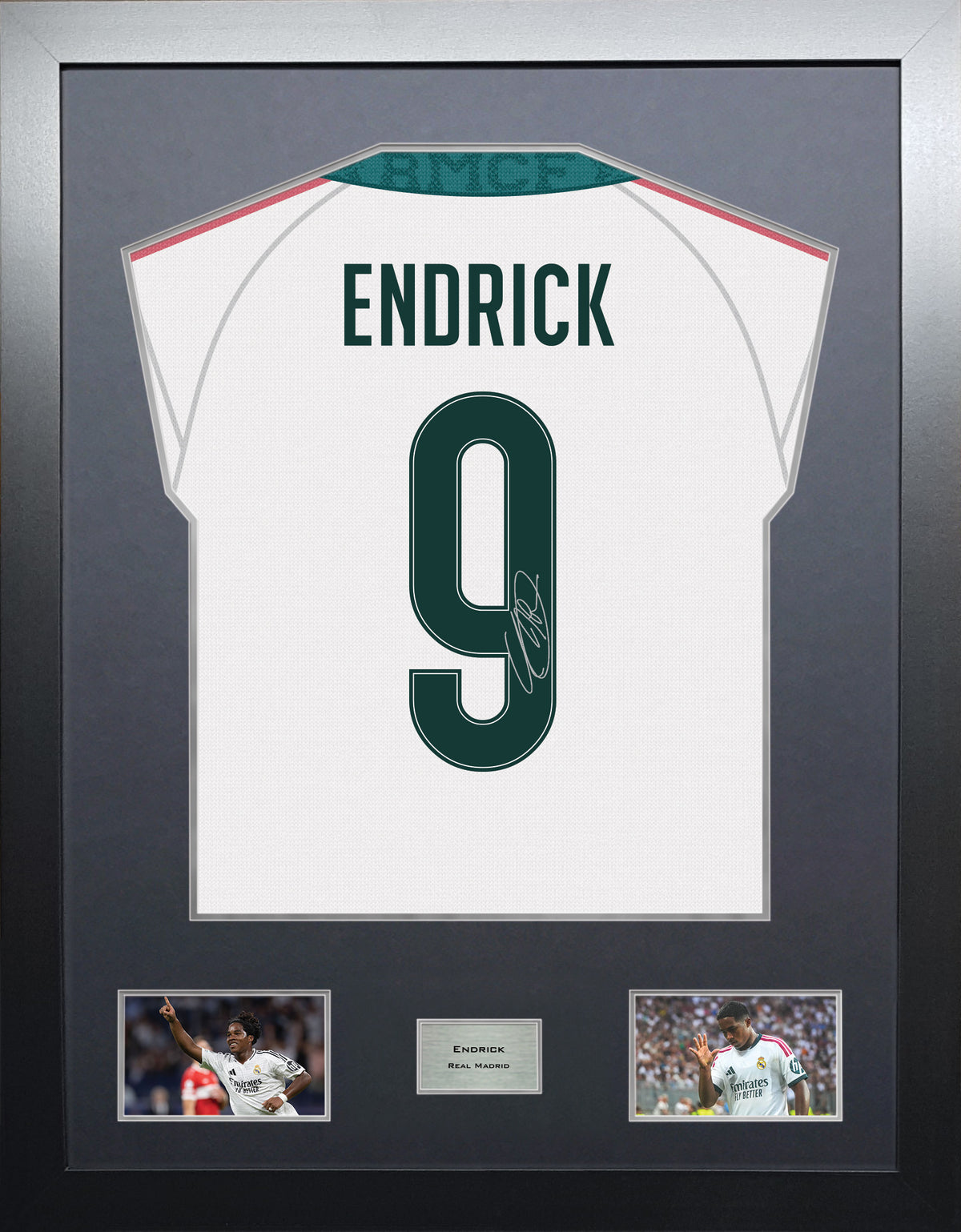 Endrick Highline framed football shirt display with machine-applied signature and black/silver mount