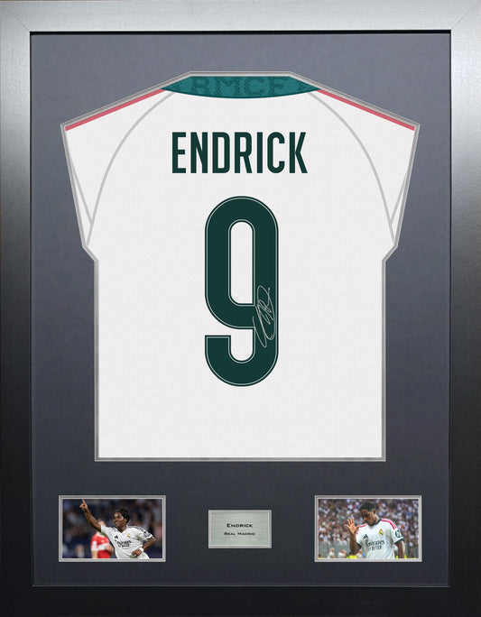 Endrick Highline framed football shirt display with machine-applied signature and black/silver mount