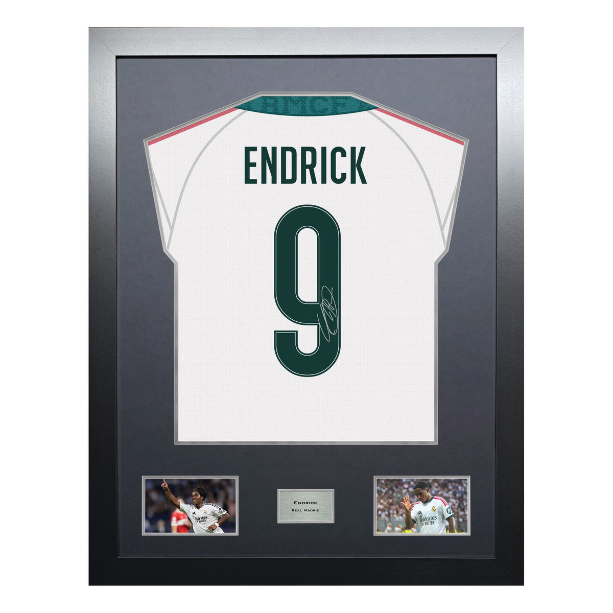 Endrick Highline framed football shirt display with machine-applied signature and black/silver mount on white background