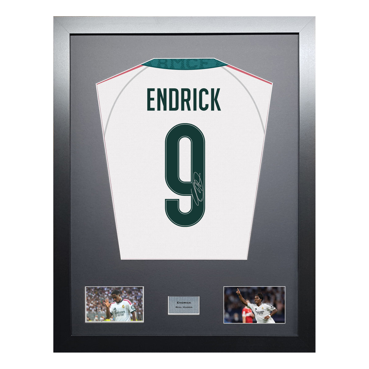 Endrick Standard framed football shirt display with machine-applied signature on white background