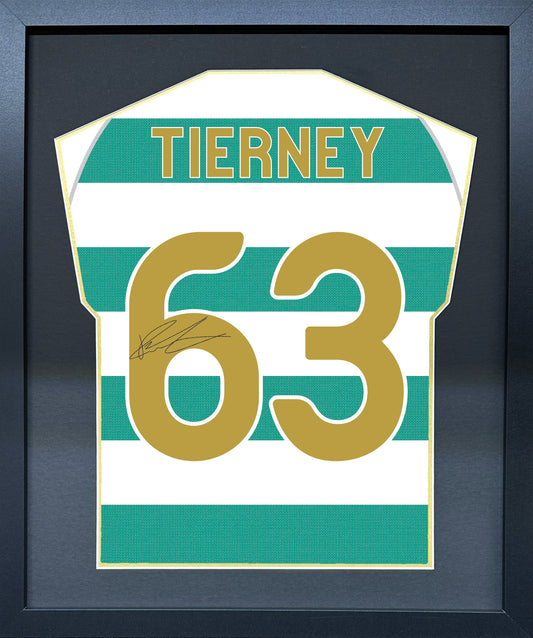 Kieran Tierney compact Gift 450 framed football display with black/gold mount and machine-applied pen signature