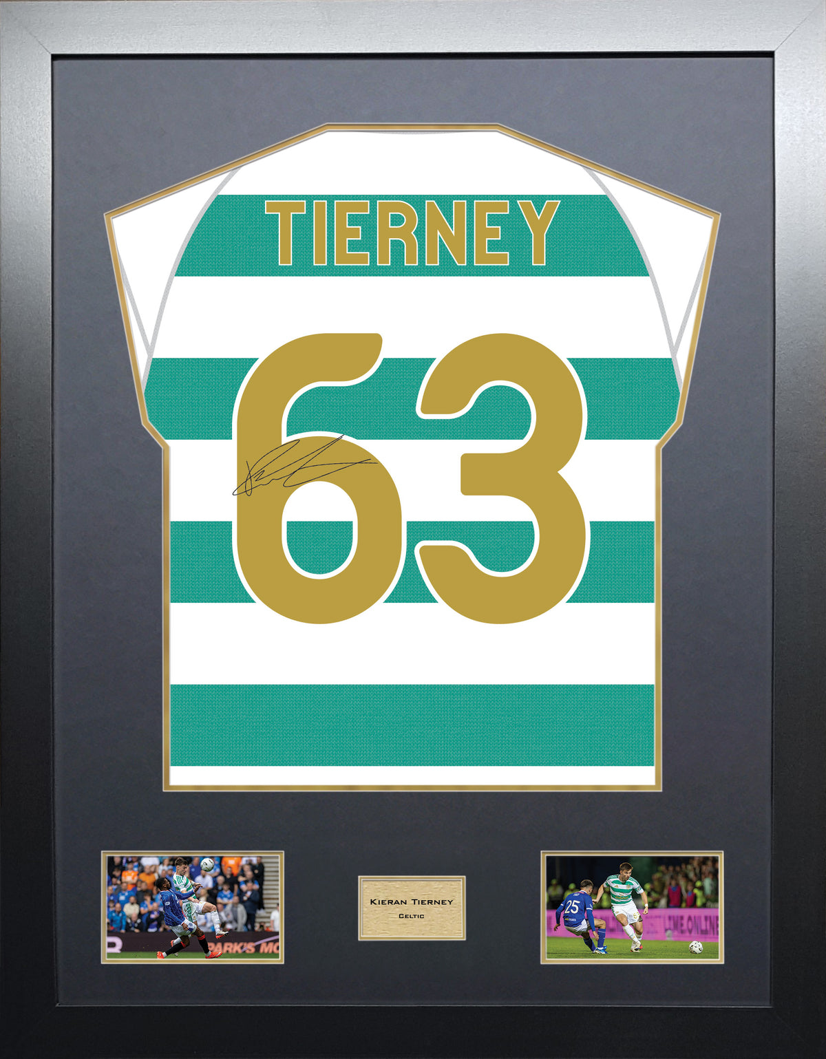 Kieran Tierney Highline framed football shirt display with machine-applied signature and black/gold mount