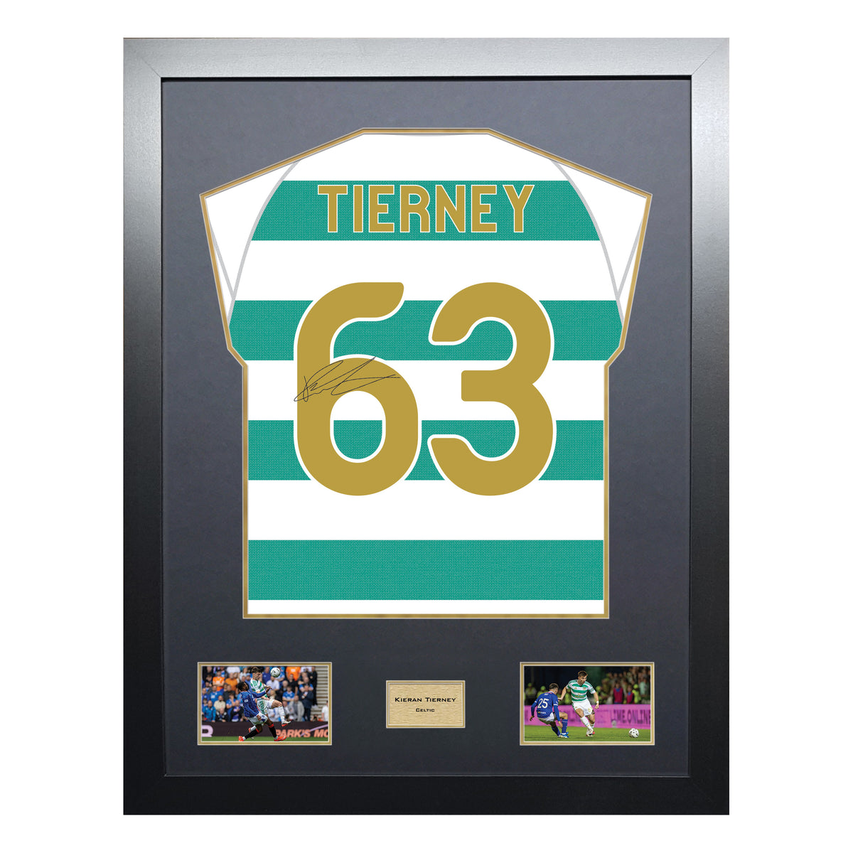 Kieran Tierney Highline framed football shirt display with machine-applied signature and black/gold mount on white background