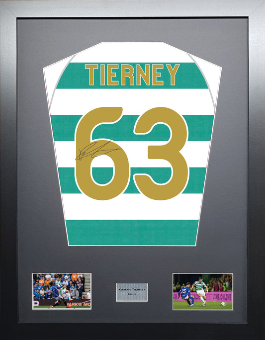 Kieran Tierney Standard framed football shirt display with machine-applied signature