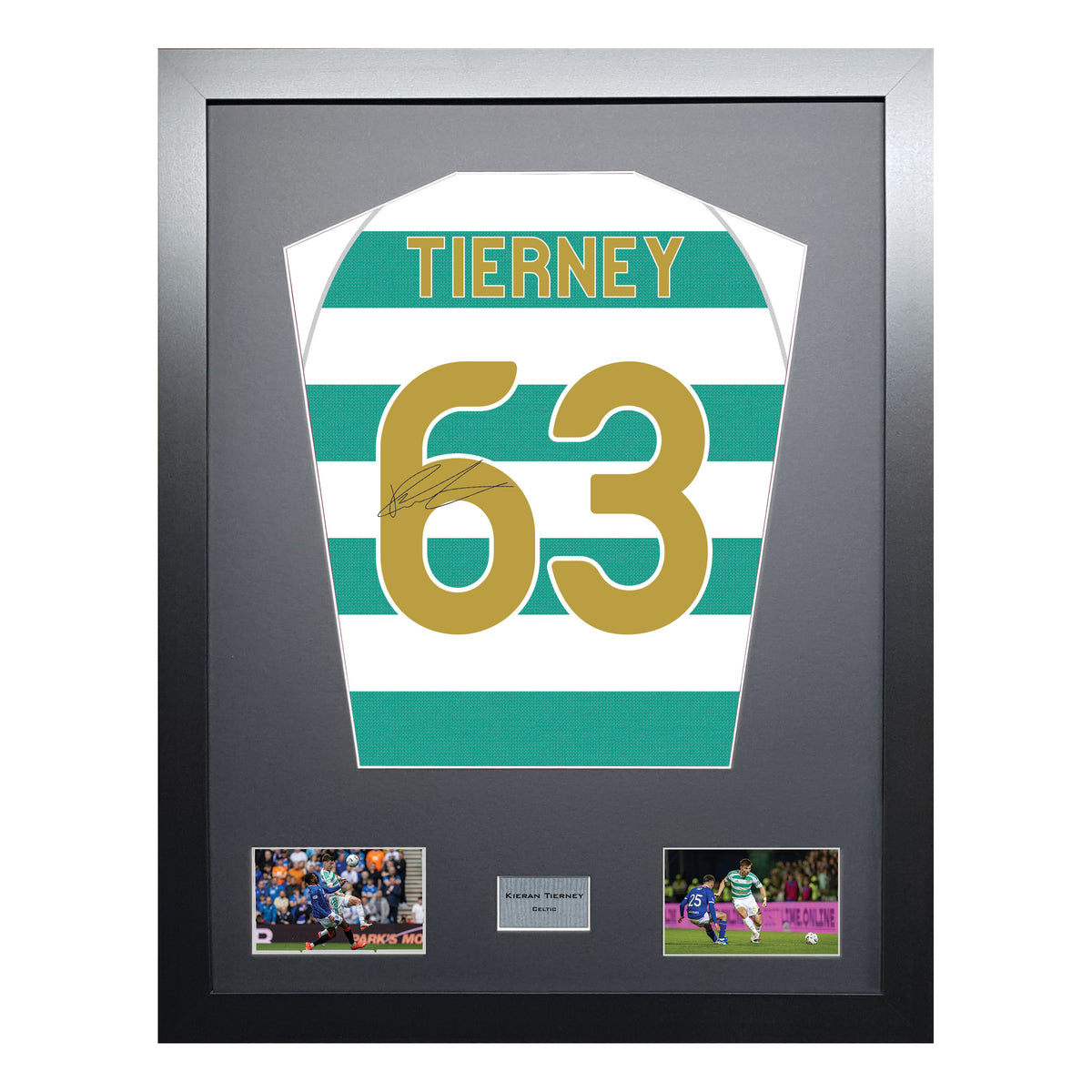 Kieran Tierney Standard framed football shirt display with machine-applied signature on white background