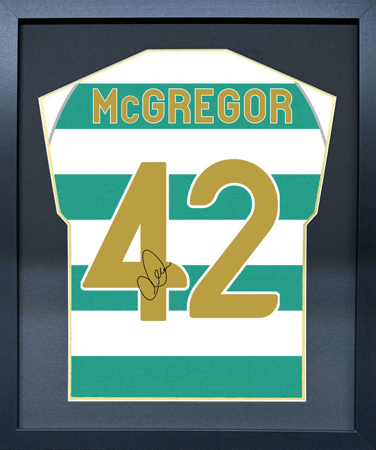 Callum McGregor compact Gift 450 framed football display with black/gold mount and machine-applied pen signature