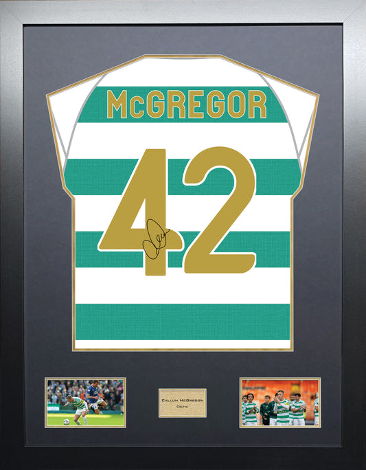Callum McGregor Highline framed football shirt display with machine-applied signature and black/gold mount
