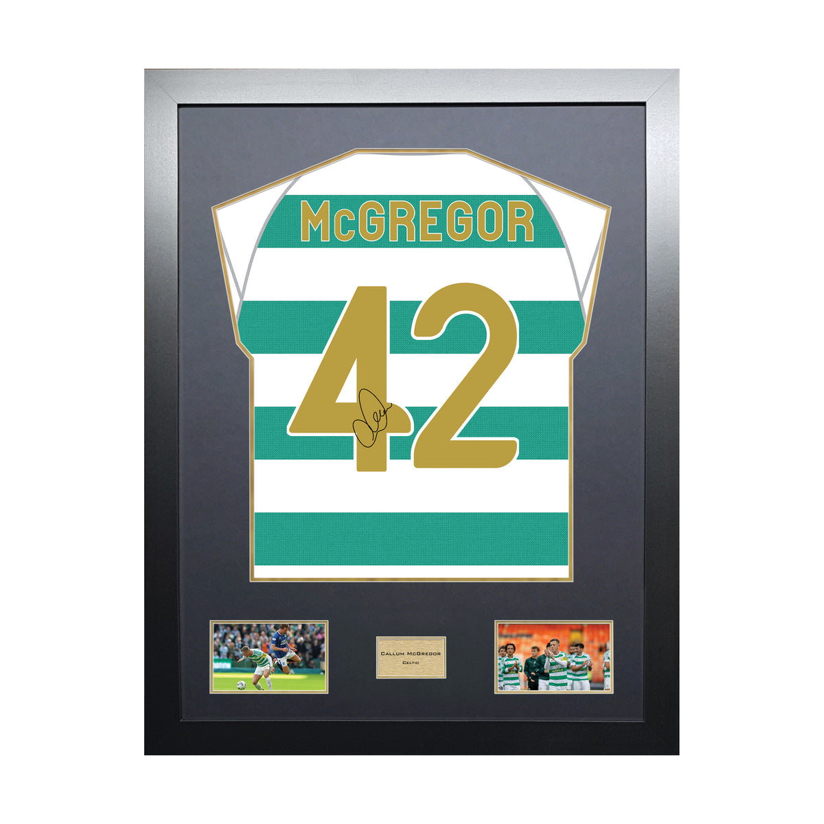 Callum McGregor Highline framed football shirt display with machine-applied signature and black/gold mount on white background