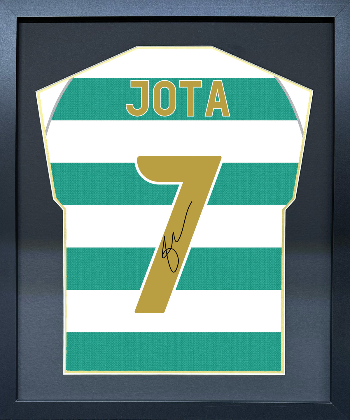 Jota compact Gift 450 framed football display with black/gold mount and machine-applied pen signature