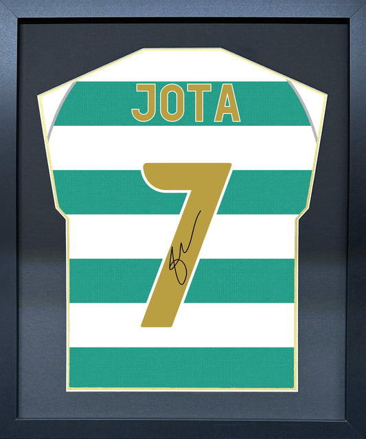 Jota compact Gift 450 framed football display with black/gold mount and machine-applied pen signature